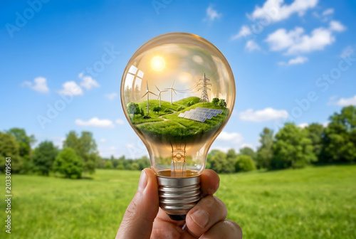 Conceptual hand holding light bulb filled with green renewable energy infrastructure on natural background, green thinking concept, Generative AI