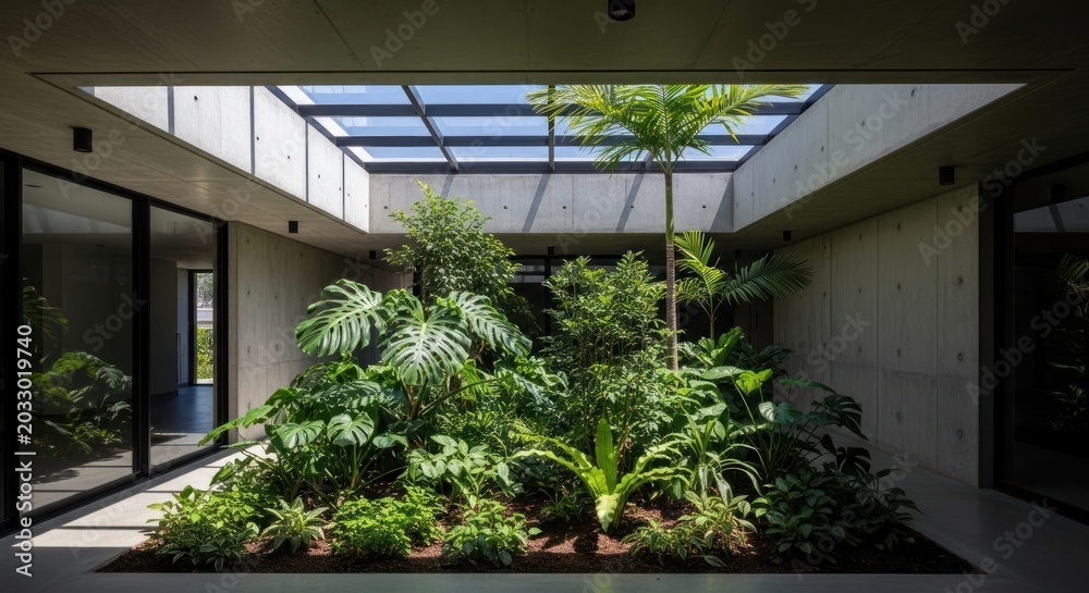 Fototapeta premium Modern Interior Courtyard with Lush Tropical Plants and Natural Light