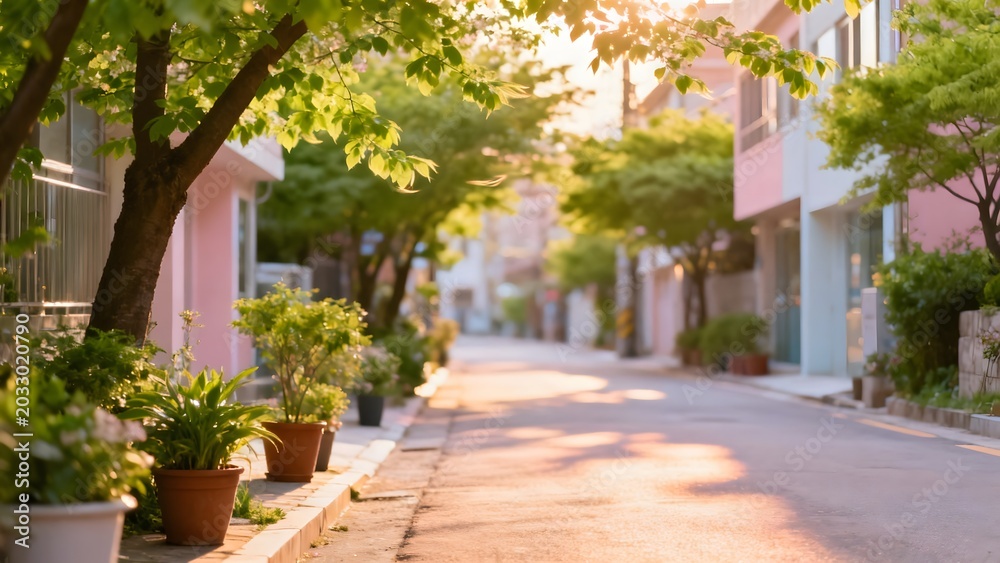 Fototapeta premium Sunny quiet street with fresh green trees and warm sunlight creating peaceful urban nature atmosphere perfect for calm and relaxation