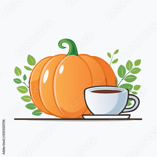 A vibrant orange pumpkin sits beside a steaming white coffee cup on a saucer surrounded by green leaves on a table indoors.
