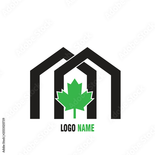 vector logo template that combines geometric shaped house roof elements with green maple leaves