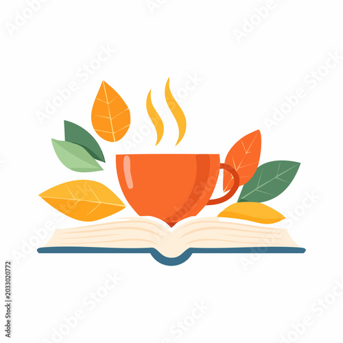 A steaming cup of coffee sits on an open book surrounded by autumn leaves.
