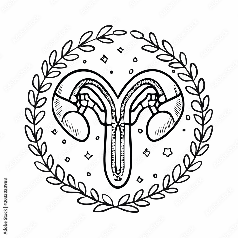 Fototapeta premium Drawn Ovaries and Uterus Symbol with Laurel Wreath and Stars Hand Sketch