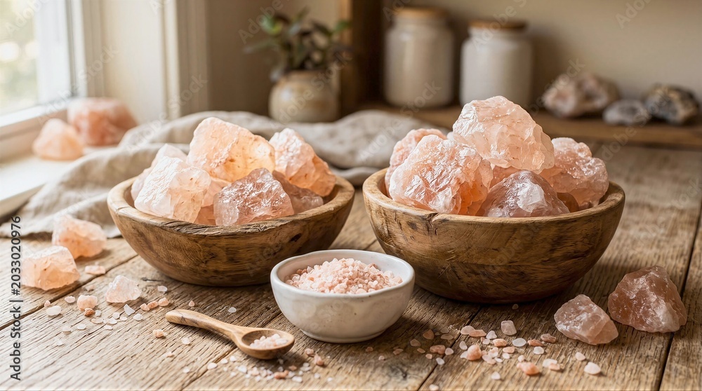 Fototapeta premium Pink Himalayan salt crystals displayed in rustic wooden bowls on weathered wood surface