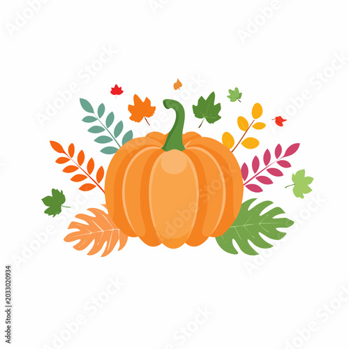 Vibrant orange pumpkin surrounded by colorful autumn leaves on a white background