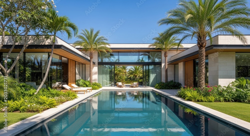 Fototapeta premium Luxury Real Estate: Modern Tropical House with Infinity Pool and Lush Landscaping - Architectural Photography