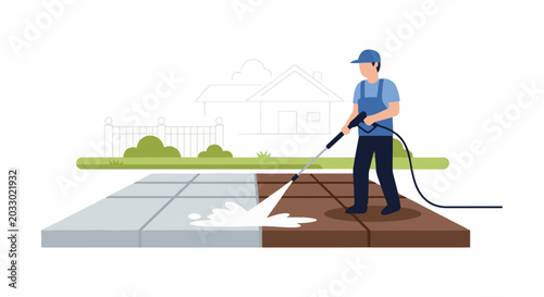 Person pressure washing a dirty patio in front of a house