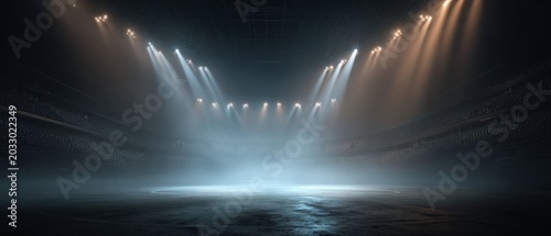 Empty stadium illuminated by dramatic spotlights in a foggy atmosphere