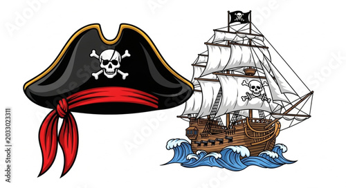Photos Pirate Hat and Sailing Ship Illustration.