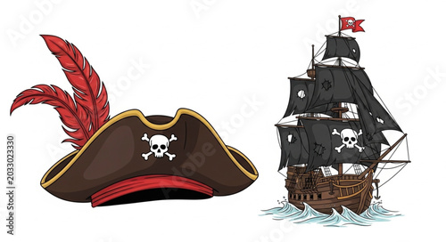 Bild auf Leinwand Pirate Hat and Ship Illustration.