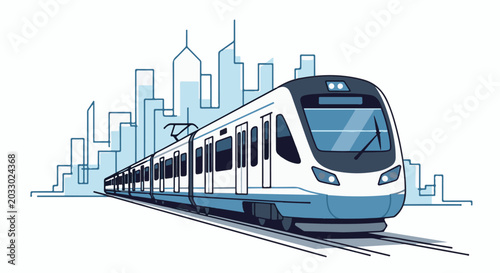 Modern train on tracks with stylized city skyline in blue tones