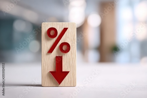 Percentage symbol next to red arrow pointing down. 3d percent sign on office background. Seasonal sale, discount. Rate for finance, return. Investment ROI. Financial concept. Falling interest rates