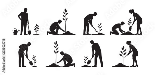 Foto People Planting Trees and Gardening Silhouette Icons - Environmental Care Symbol