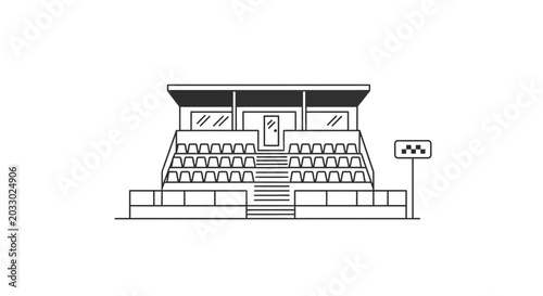 Stadium Grandstand with Seats and Taxi Sign, Minimalist Line Art Illustration