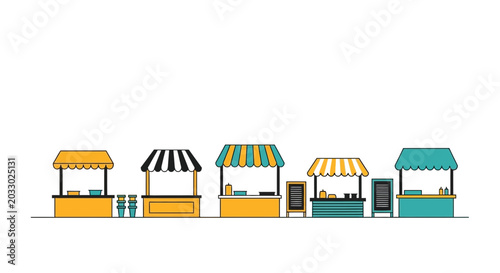 Market Stalls, Booths, Kiosks, Shops - Flat Design, Line Art Illustration