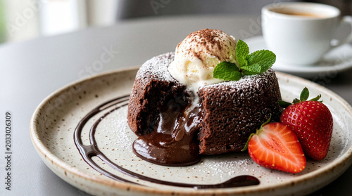 Bilde på lerret Delicious molten chocolate lava cake oozing warm syrup, topped with melting vanilla ice cream and fresh strawberries