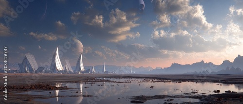 Futuristic alien landscape with surreal architecture and dramatic sky