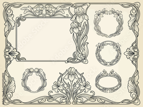Obraz na płótnie Art Nouveau floral frames and design elements set.