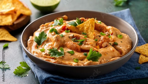 spicy buffalo chicken dip with herbs and tortilla chips for a sports party