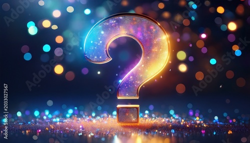 a vibrant illuminated question mark floats above a dark sparkly surface symbolizing curiosity and inquiry in a modern digital context
