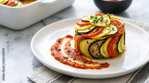 Fotografija Gourmet Ratatouille Tower with Tomato Sauce and Fresh Thyme Garnish on a White P