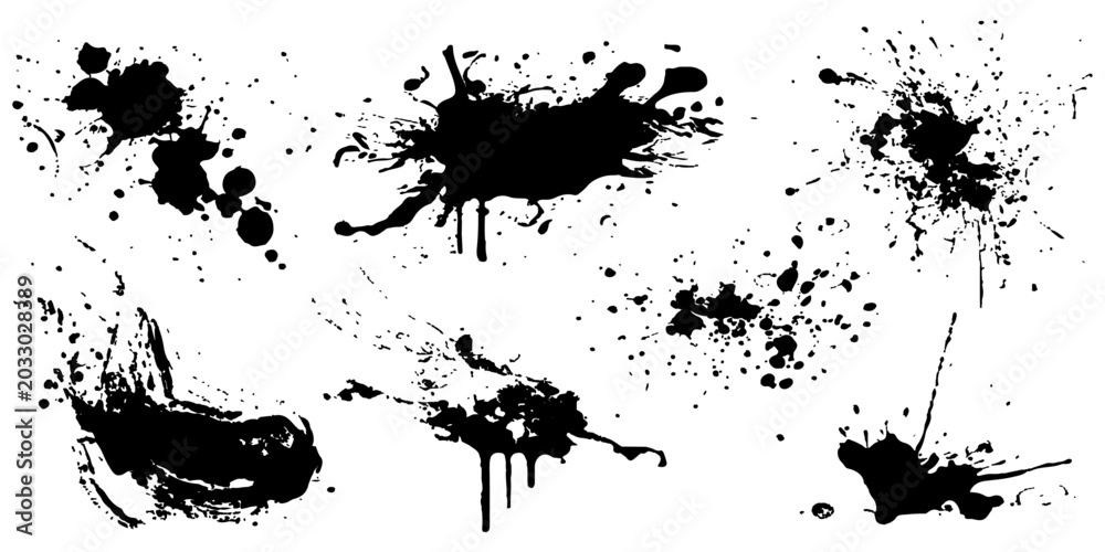 Obraz premium Black ink splat and blots with grunge splashes, splatter texture vector illustration design background with stain, drip, spray and abstract ink pattern elements