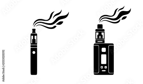 Foto Minimalist vape pen and box mod silhouette icon set with vapor smoke flat vector