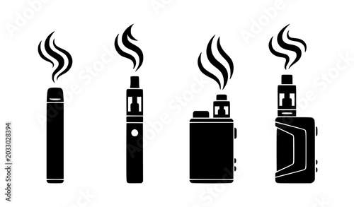 Quadro em tela Black silhouette vaping device icons with disposable vape pen and box mod vapori