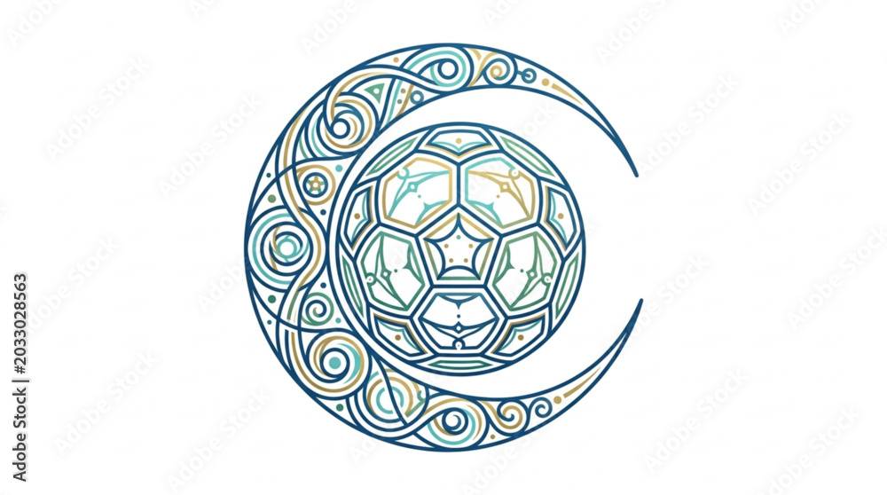 Fototapeta premium Ornate Crescent Moon Embraces Soccer Ball with Intricate Patterns.