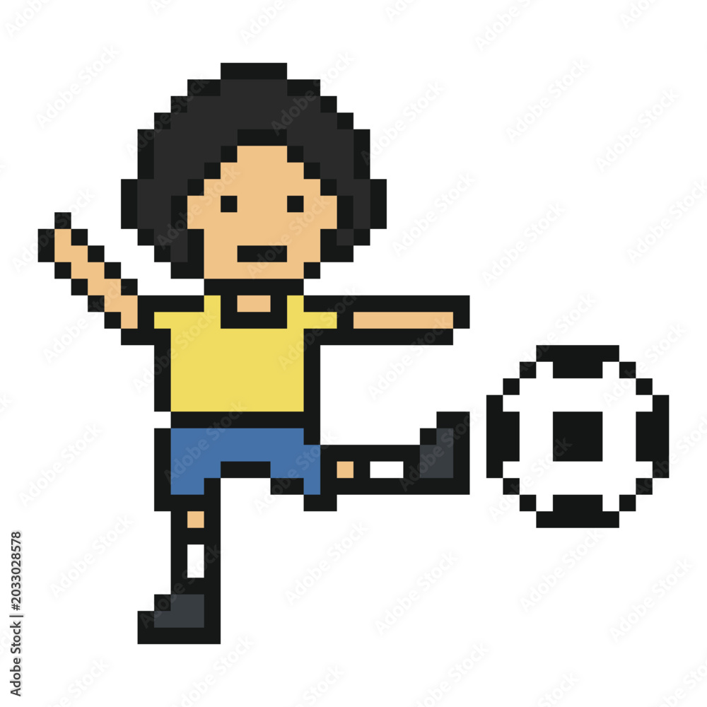 Obraz premium Cute man play football or kick ball 8 bit cartoon with soccer,exercise,cup,world.