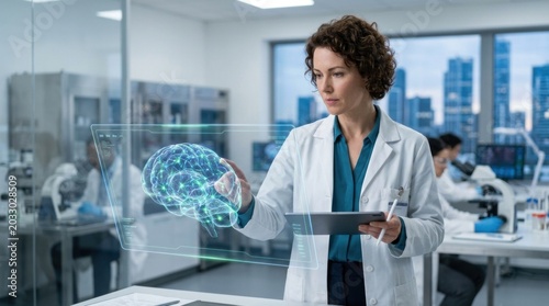 A female scientist in a lab coat, using a digital tablet with a holographic brain visualization in a modern laboratory setting.