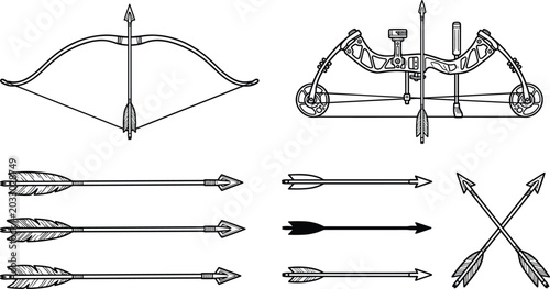 Tableau sur toile Archery bow and arrow vector set featuring detailed linear illustrations of a traditional longbow modern compound bow and fletched hunting arrows isolated on white background