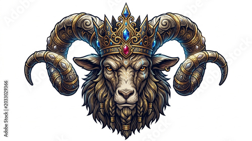 Картината върху платно Ram King Crowned Majestic Horns Fierce Animal Portrait.