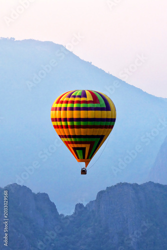 Laos. Vang Vieng. Flying in a hot air balloon. Tourist resort of Laos. Vang Vieng panorama	