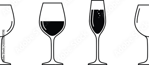 Tableau sur toile Wine glass icon vector set featuring linear black outlines and filled silhouettes of red wine goblets and champagne flutes isolated on white background