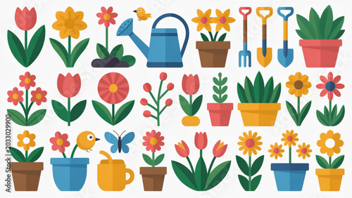 Canvastavla Colorful assortment of potted plants and flowers in vibrant garden setting