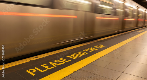 Yellow safety warning mind the gap painted on subway platform floor