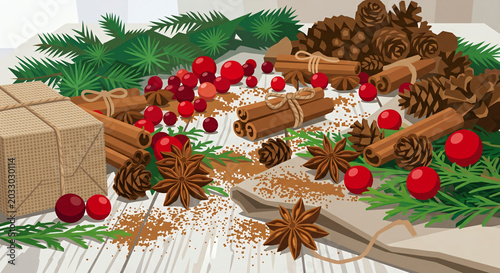 Festive Christmas Potpourri Background with Cinnamon Sticks, Star Anise, Pinecones, and Red Berries on Wooden Surface