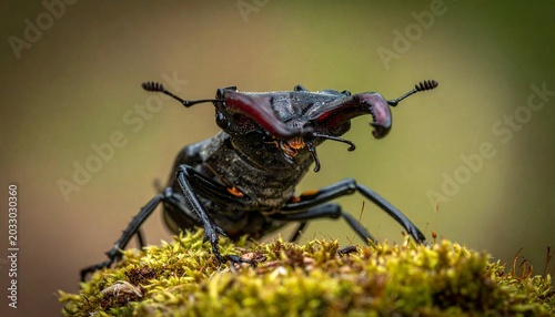 Majestic Stag Beetle on Moss - A Close-Up Encounter.