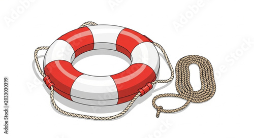 Bild auf Leinwand Red and white life preserver ring with rope safety equipment.