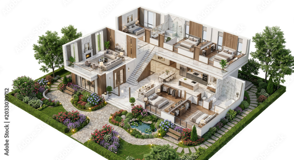 Fototapeta premium Expansive 3D rendered modern luxury home showcasing a detailed cutaway view of its multiple furnished floors, elegant open-plan interiors, and a meticulously landscaped surrounding garden