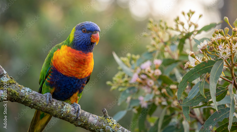 Obraz premium Australian rainbow lorikeet colorful bird wildlife eucalyptus nature portrait travel bright native parrot perched among foliage highlights tropical color biodiversity and iconic Australian birdlife