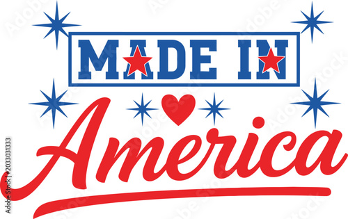 Made in america patriotic emblem with stars and heart graphic