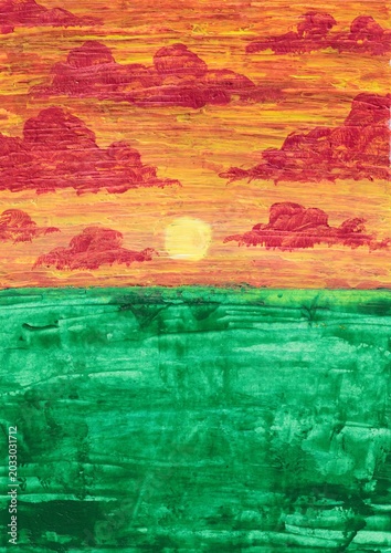 Beautiful Landscape Painting of Crimson Sunset Over Green Field. Warm Evening Landscape Painting