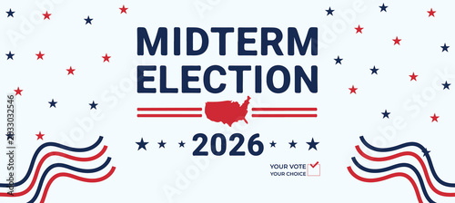 Bild auf Leinwand Stars and Waves Midterm Election 2026 Banner with Patriotic USA Theme and Bold T