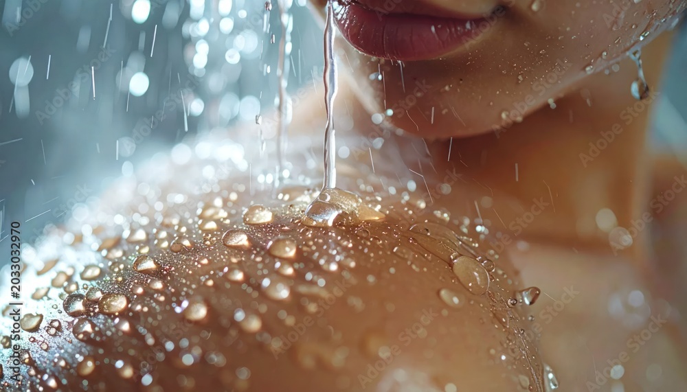 Fototapeta premium Close-up of a persons shoulder and face under a refreshing shower with water droplets.