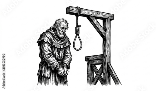 Foto Vintage prisoner and gallows sketch vector illustration isolated on white backgr