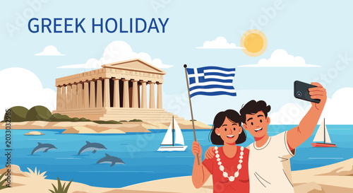 Happy couple taking a selfie during their Greek holiday with the historic Parthenon temple and sea in the distance.