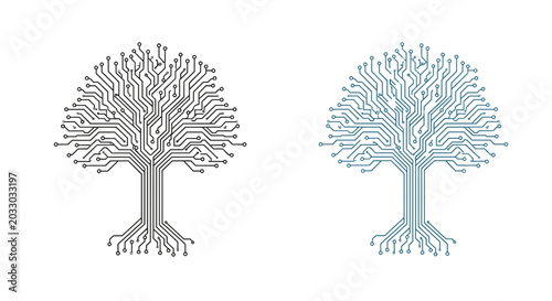 Conceptual trees formed by intricate electronic circuit board patterns represent the intersection of nature and advanced technology.