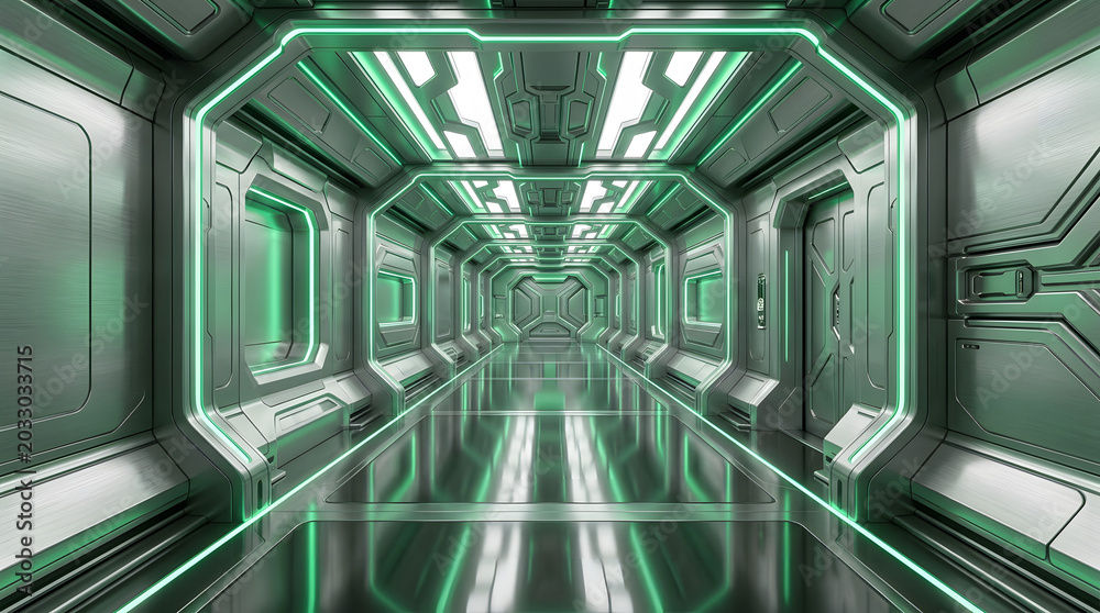 Obraz premium Futuristic Green Neon Metallic Spaceship Corridor